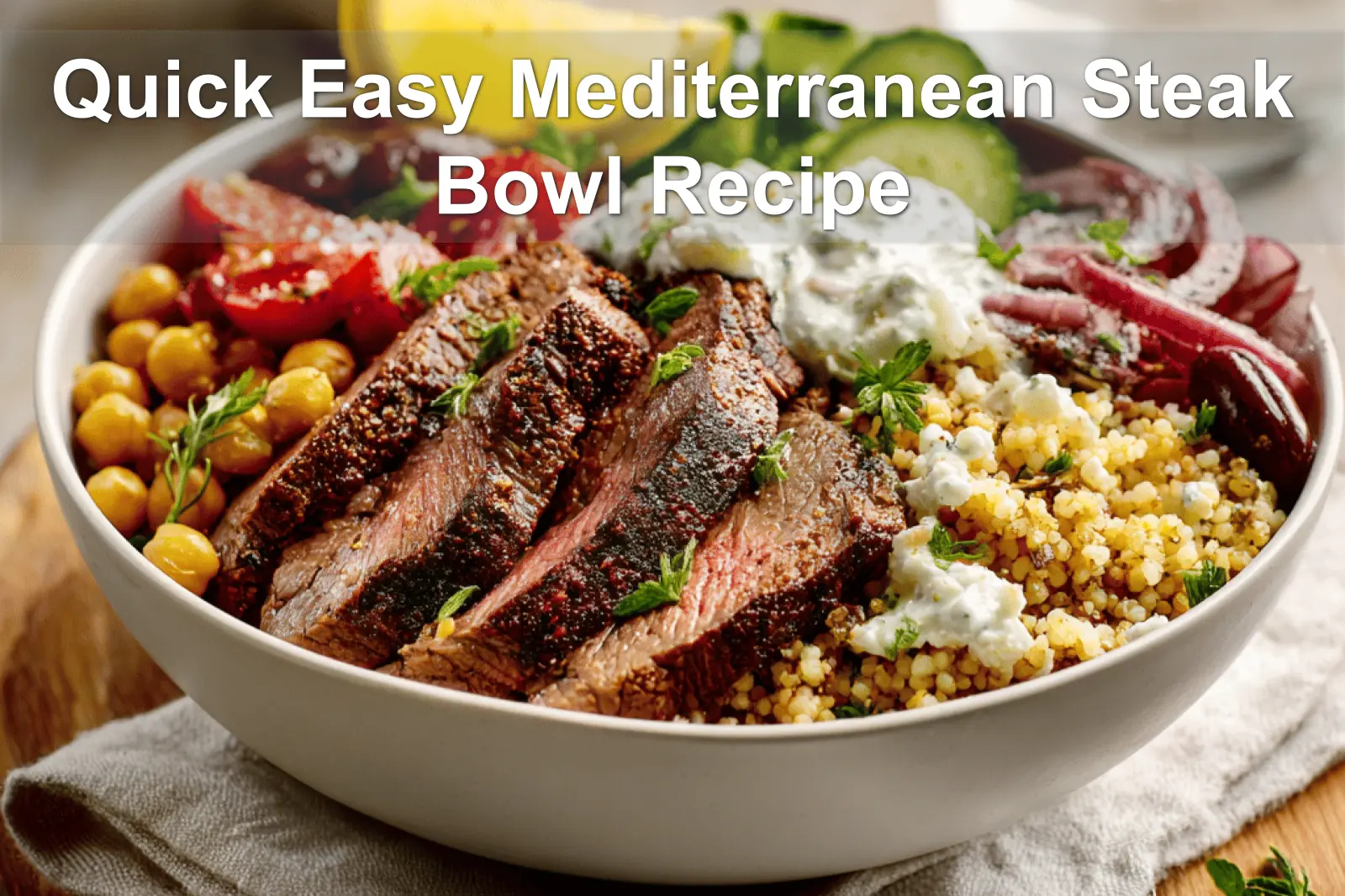 Quick Easy Mediterranean Steak Bowl Recipe with sirloin steak, roasted chickpeas, feta and tzatziki