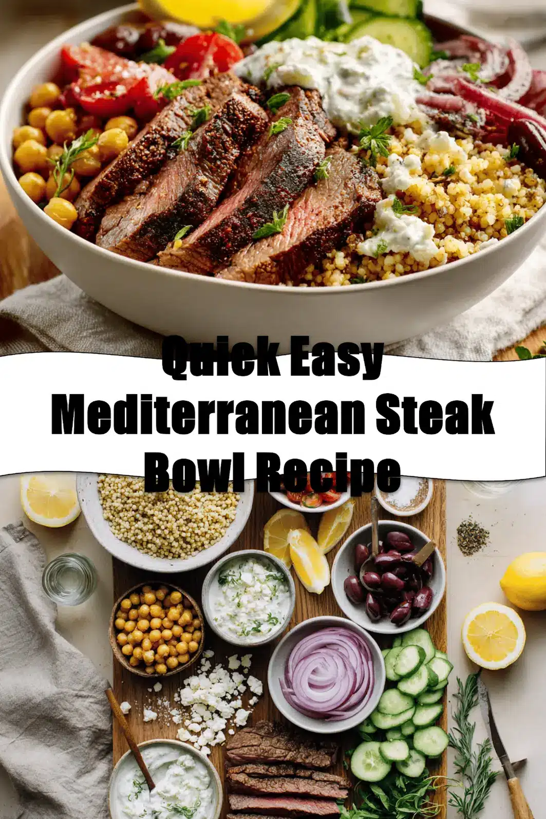 Quick Easy Mediterranean Steak Bowl Recipe with sirloin steak, roasted chickpeas, feta and tzatziki_pin
