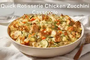 Quick Rotisserie Chicken Zucchini Casserole warm bake on white cloth beside glass of water