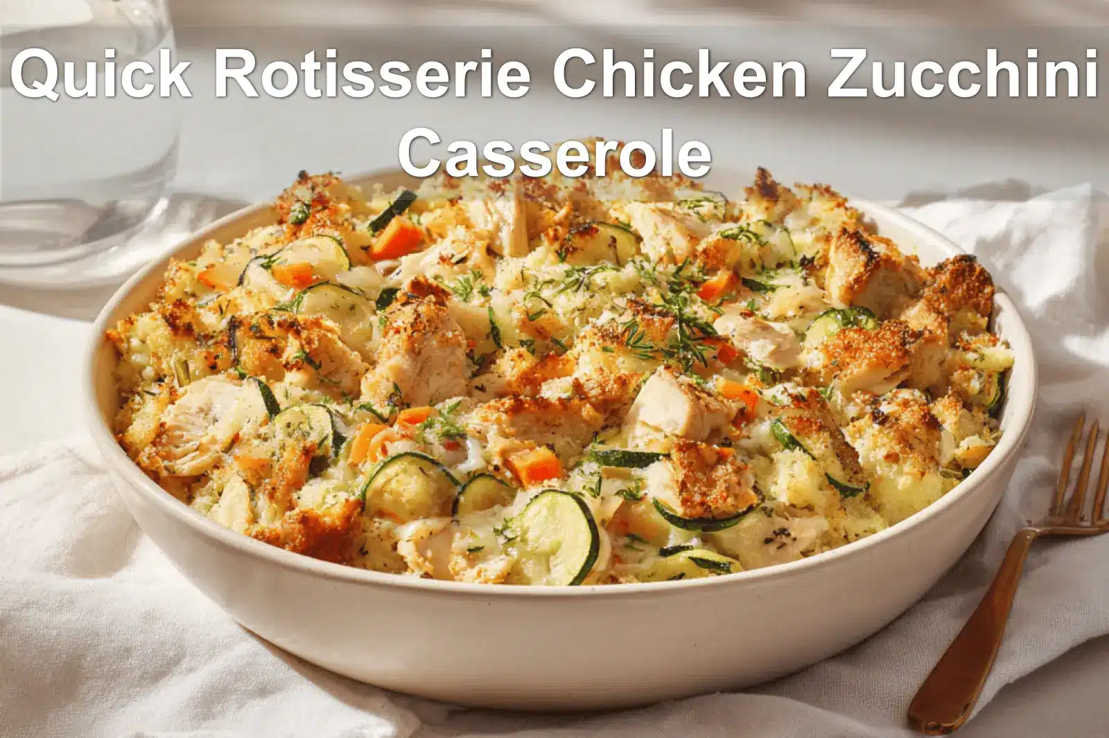 Quick Rotisserie Chicken Zucchini Casserole warm bake on white cloth beside glass of water
