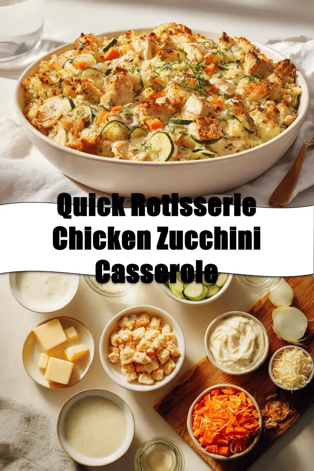 Quick Rotisserie Chicken Zucchini Casserole warm bake on white cloth beside glass of water_pin