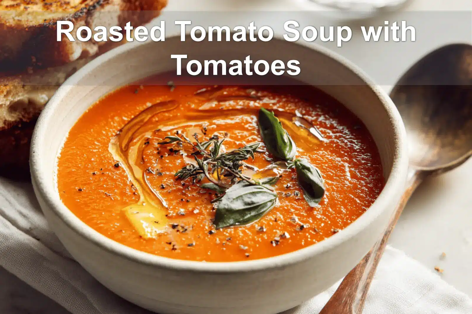 Roasted Tomato Soup with Tomatoes in bowl with grilled cheese basil under warm natural light