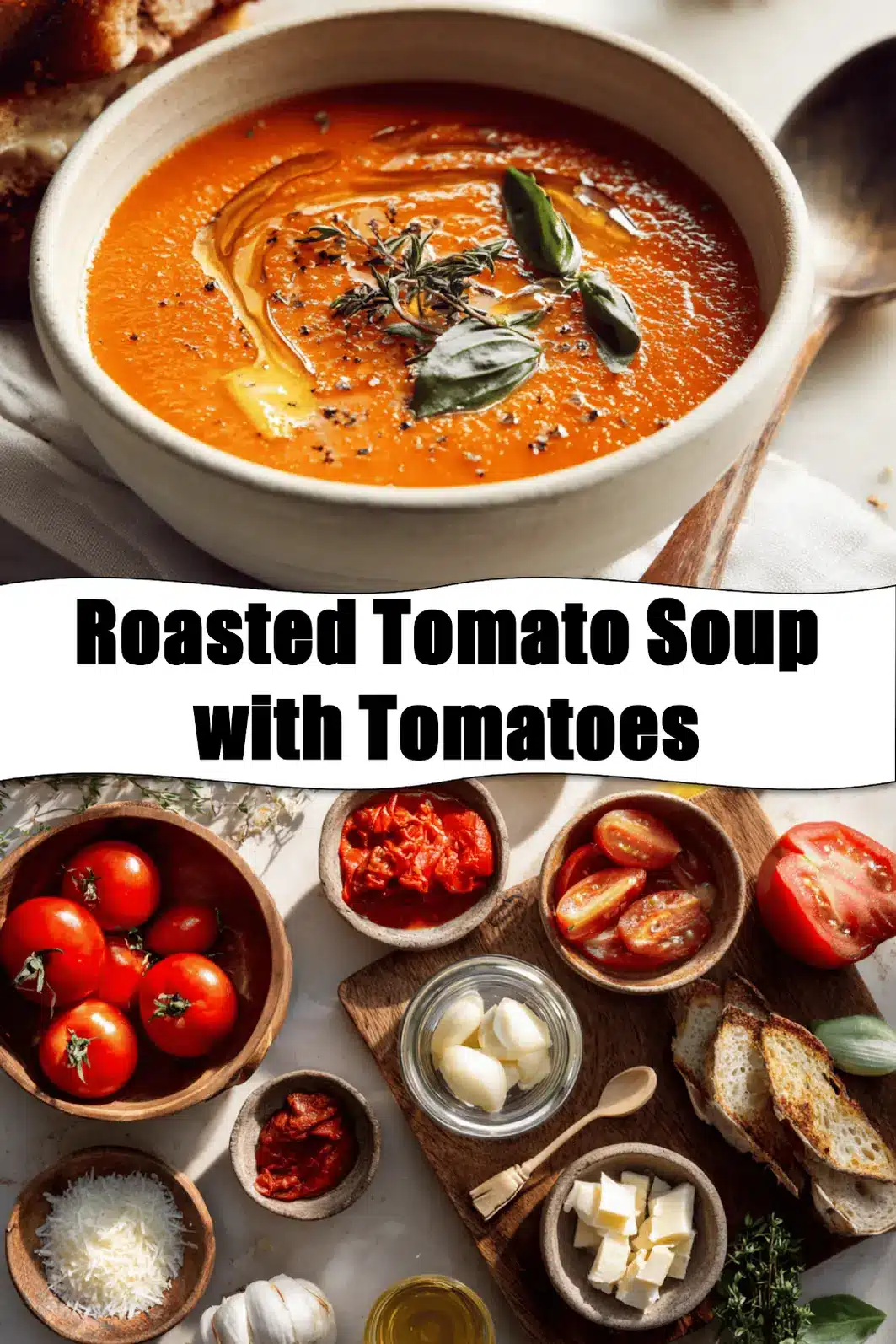 Roasted Tomato Soup with Tomatoes in bowl with grilled cheese basil under warm natural light_pin
