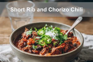 Short Rib and Chorizo Chili served with toppings in a rustic bowl, styled on white napkin.
