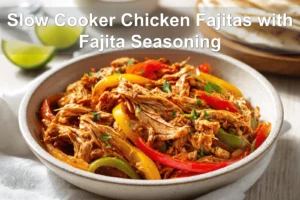 Slow Cooker Chicken Fajitas with Fajita Seasoning served with peppers onions tortillas and fresh limes