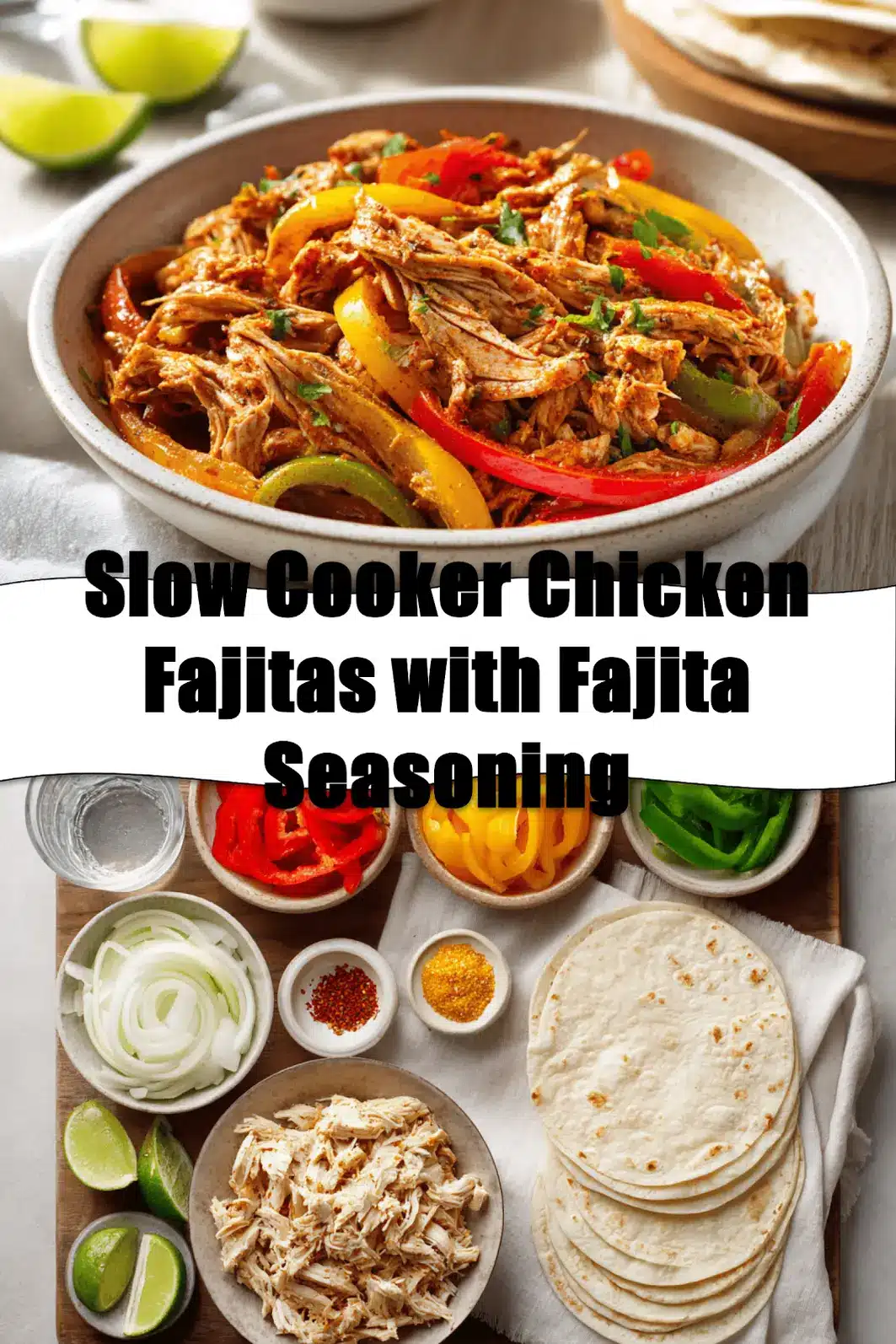 Slow Cooker Chicken Fajitas with Fajita Seasoning served with peppers onions tortillas and fresh limes_pin