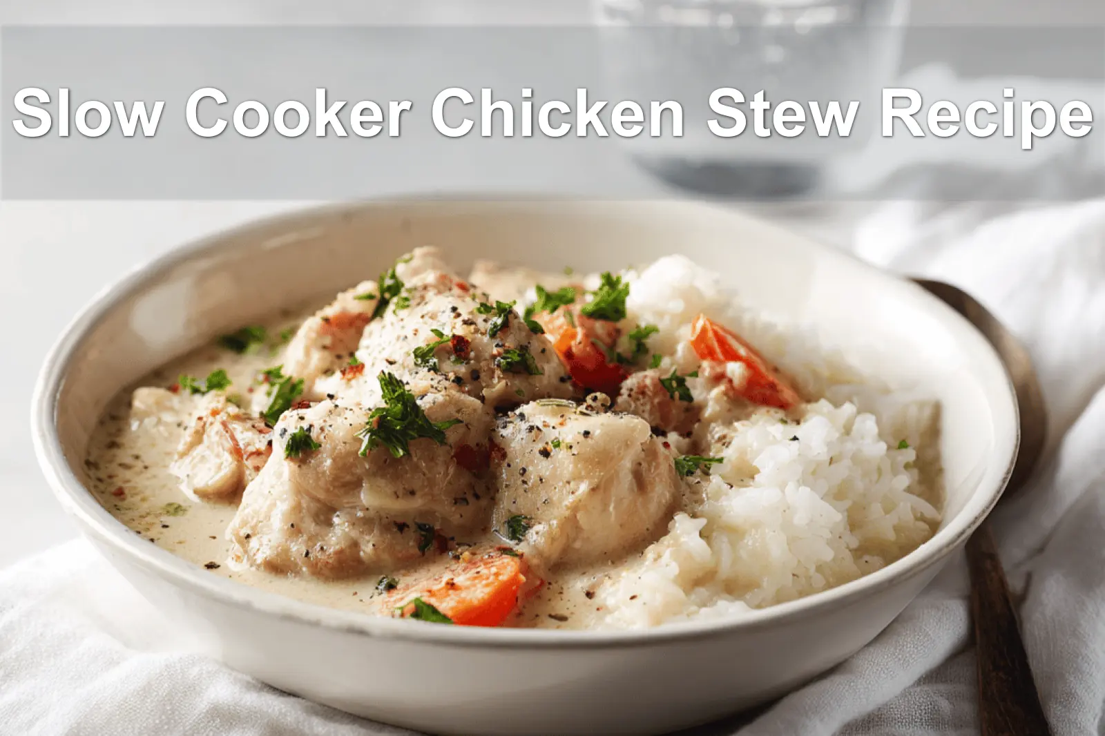 Slow Cooker Chicken Stew Recipe warm bowl on white cloth napkin with glass of water