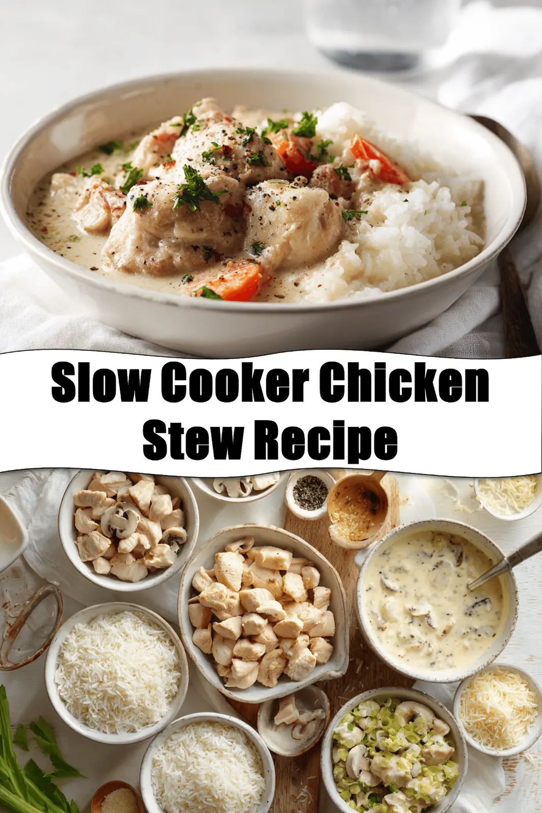 Slow Cooker Chicken Stew Recipe warm bowl on white cloth napkin with glass of water_pin