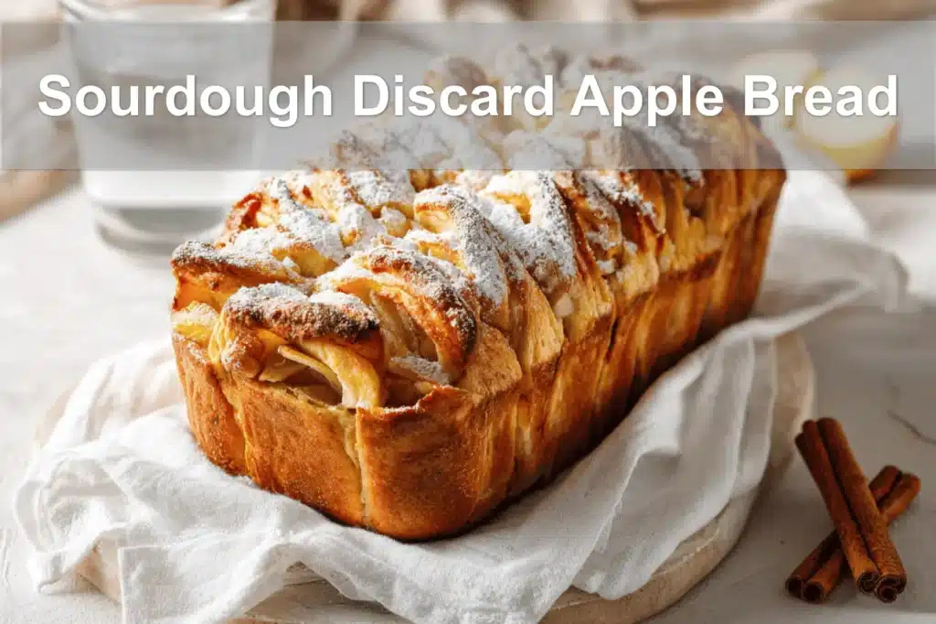 Sourdough Discard Apple Bread with cinnamon, apples, and powdered sugar, warm golden tones.