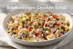 Southwestern Chicken Salad with vibrant ingredients and creamy Greek yogurt dressing displayed with warm tones.