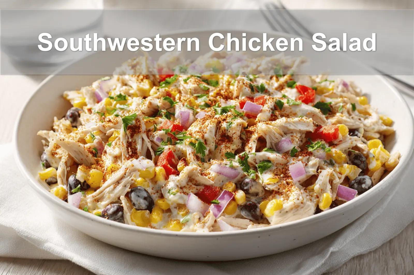 Southwestern Chicken Salad with vibrant ingredients and creamy Greek yogurt dressing displayed with warm tones.