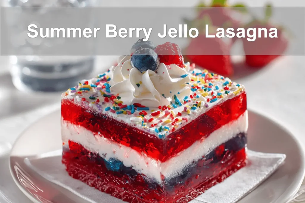 Summer Berry Jello Lasagna dessert with colorful layers on a white napkin and glass of water.