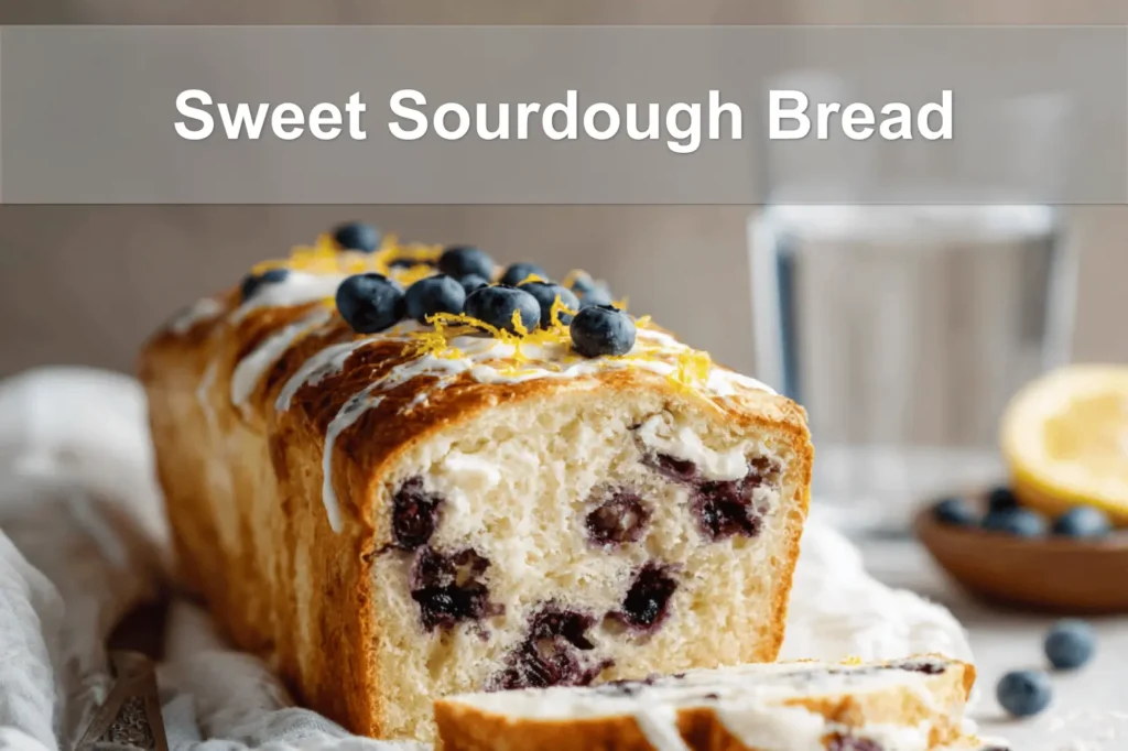 Sweet Sourdough Bread with golden crust, blueberries, and cheese on a white cloth napkin.