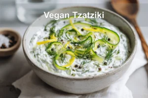 Vegan Tzatziki in ceramic bowl with cucumber dill lemon and olive oil drizzle