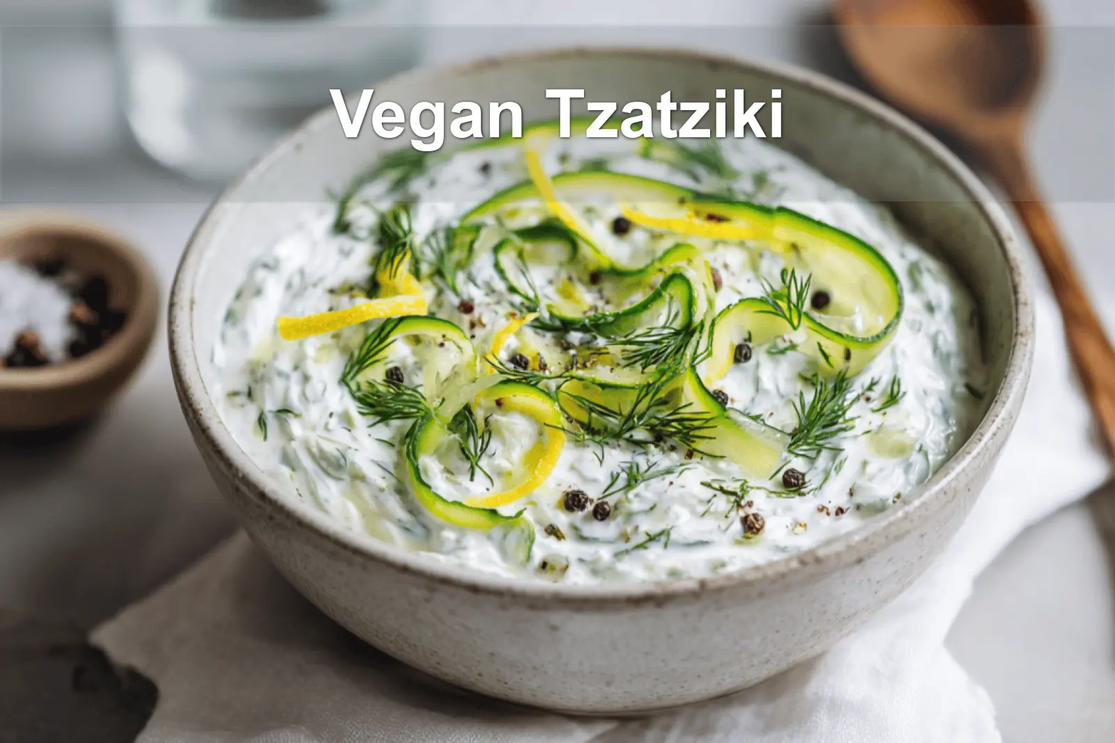 Vegan Tzatziki: Easy and Irresistible Recipe Guide 3 Vegan Tzatziki in ceramic bowl with cucumber dill lemon and olive oil drizzle