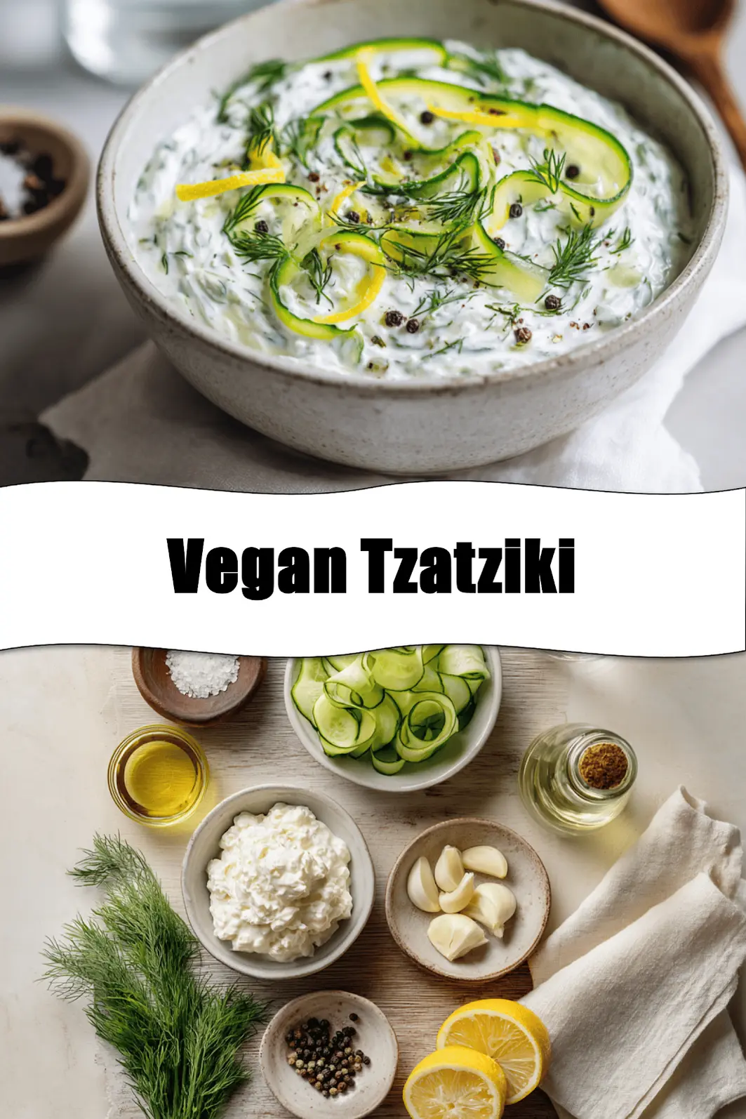 Vegan Tzatziki: Easy and Irresistible Recipe Guide 2 Vegan Tzatziki in ceramic bowl with cucumber dill lemon and olive oil drizzle_pin