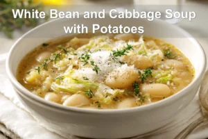White Bean and Cabbage Soup with Potatoes in rustic bowl garnished with thyme and grated cheese
