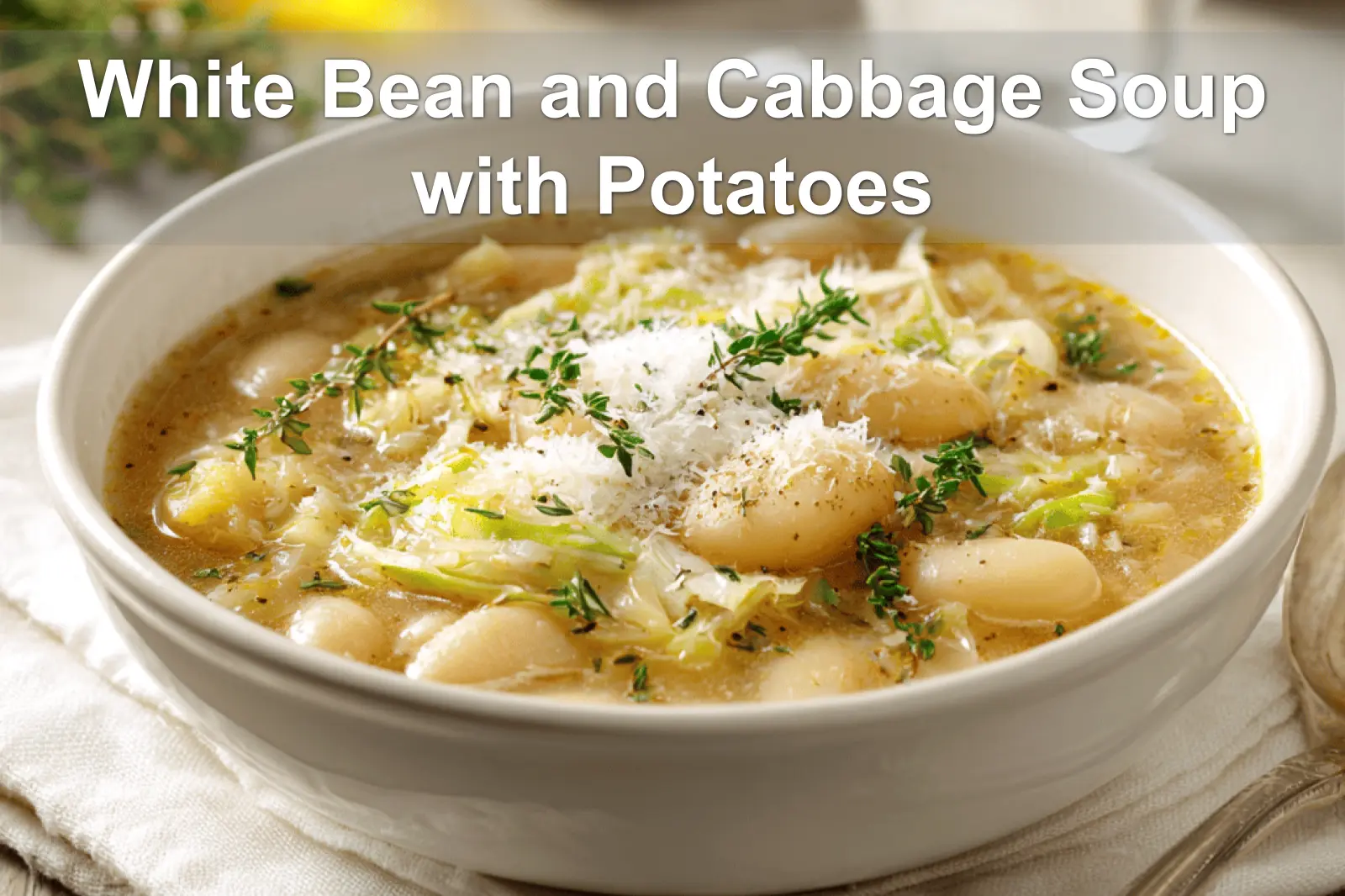 White Bean and Cabbage Soup with Potatoes in rustic bowl garnished with thyme and grated cheese