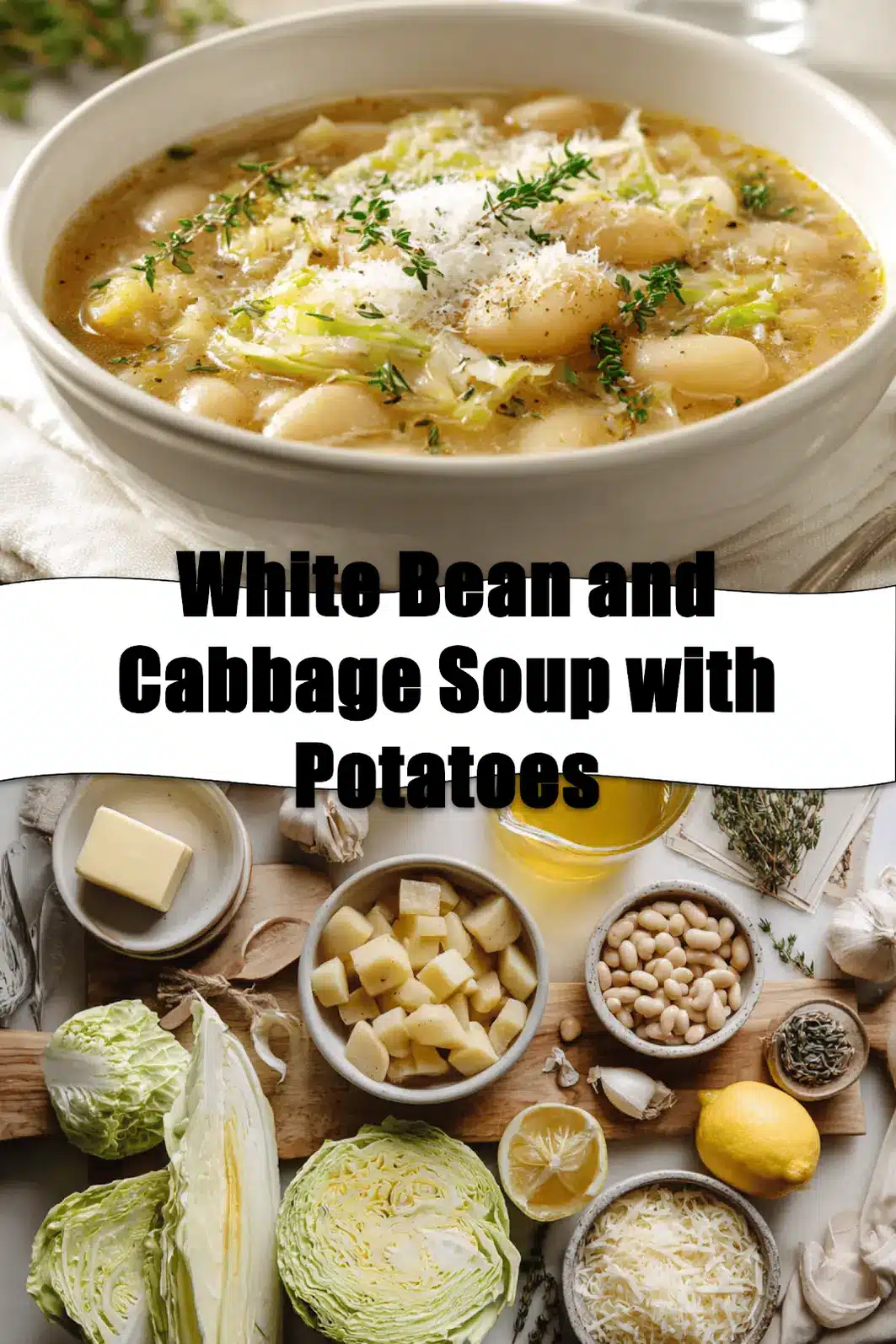 White Bean and Cabbage Soup with Potatoes in rustic bowl garnished with thyme and grated cheese_pin