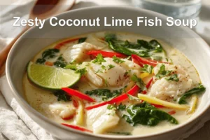 Zesty Coconut Lime Fish Soup in creamy broth garnished with lime zest and herbs