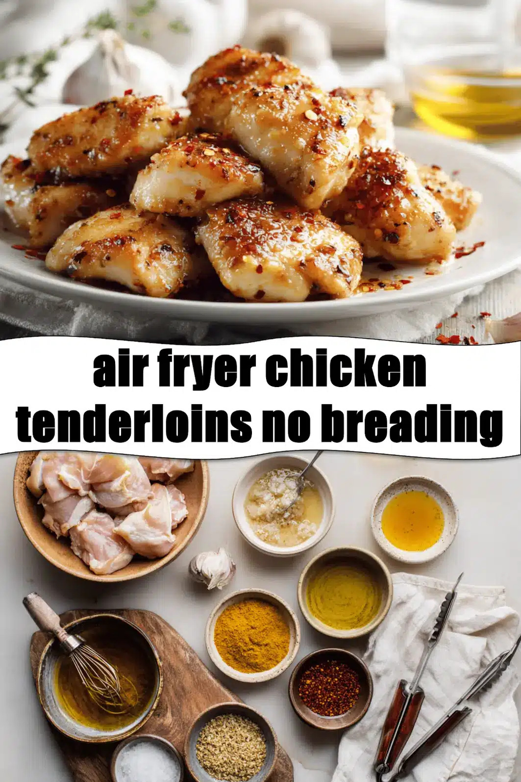air fryer chicken tenderloins no breading plated golden glazed pieces with red pepper flakes_pin