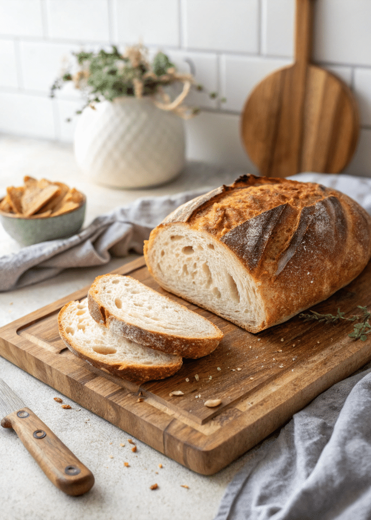 Golden sourdough loaf on a wooden board with slices showing airy texture
