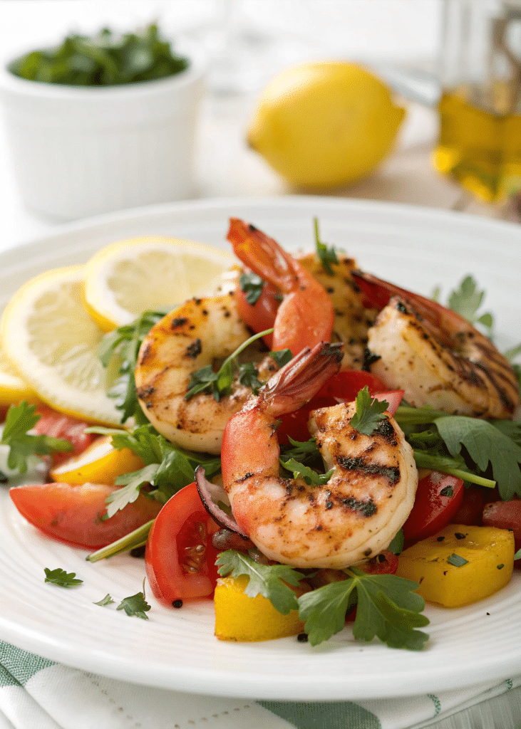 Grilled shrimp with herbs, lemon, and vegetables on a plate