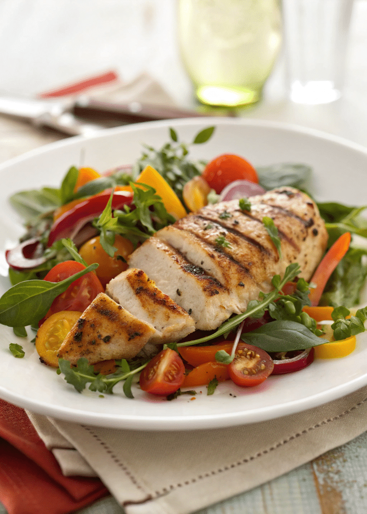 Grilled chicken breast with fresh herbs and seasonal vegetables