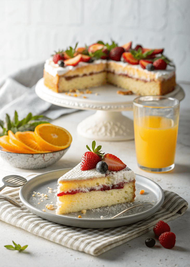 Slice of cake with fresh fruit garnish and juice glass