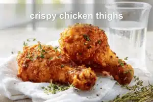Crispy chicken thighs plated on white cloth with clear glass of water warm natural light