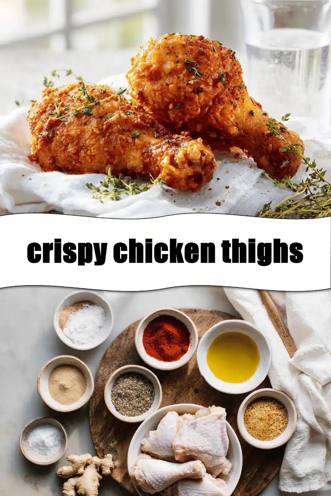Crispy chicken thighs plated on white cloth with clear glass of water warm natural light_pin