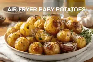 AIR FRYER BABY POTATOES golden roasted baby potatoes on white napkin with water glass