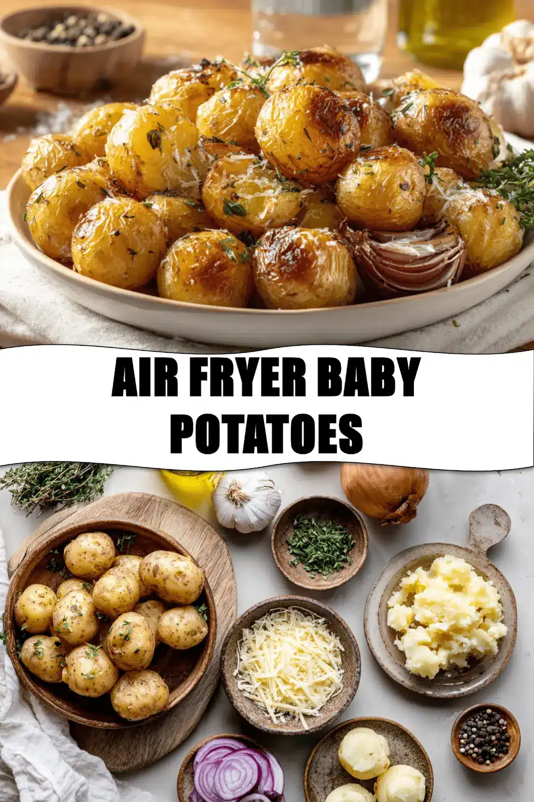 AIR FRYER BABY POTATOES golden roasted baby potatoes on white napkin with water glass_pin