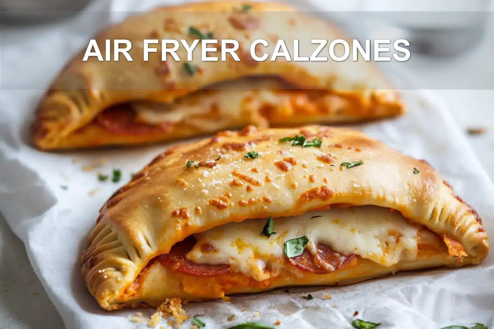 AIR FRYER CALZONES golden crust and melted cheese on white napkin