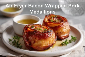 Air Fryer Bacon Wrapped Pork Medallions on white napkin with glass of water warm lighting