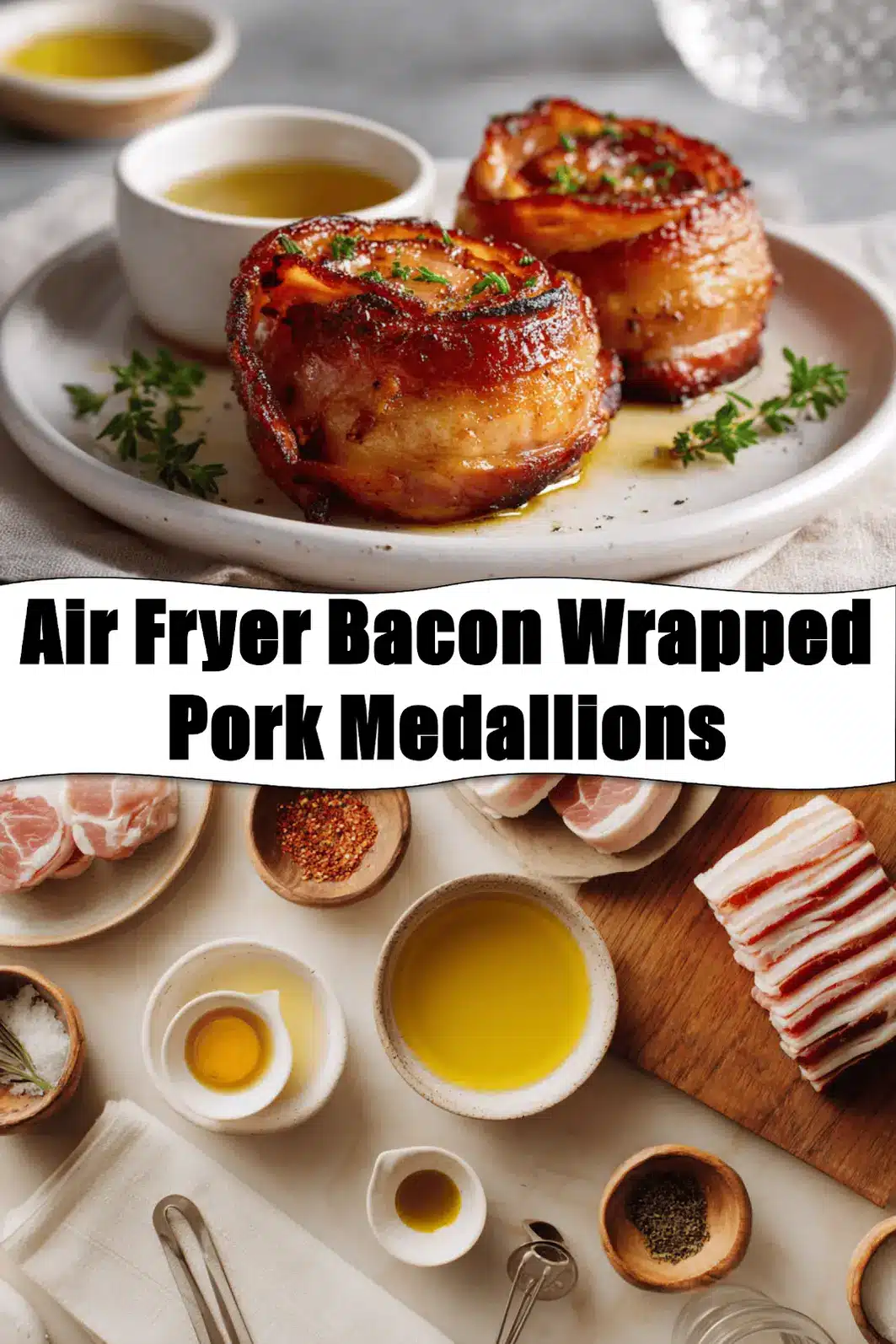 Air Fryer Bacon Wrapped Pork Medallions on white napkin with glass of water warm lighting_pin