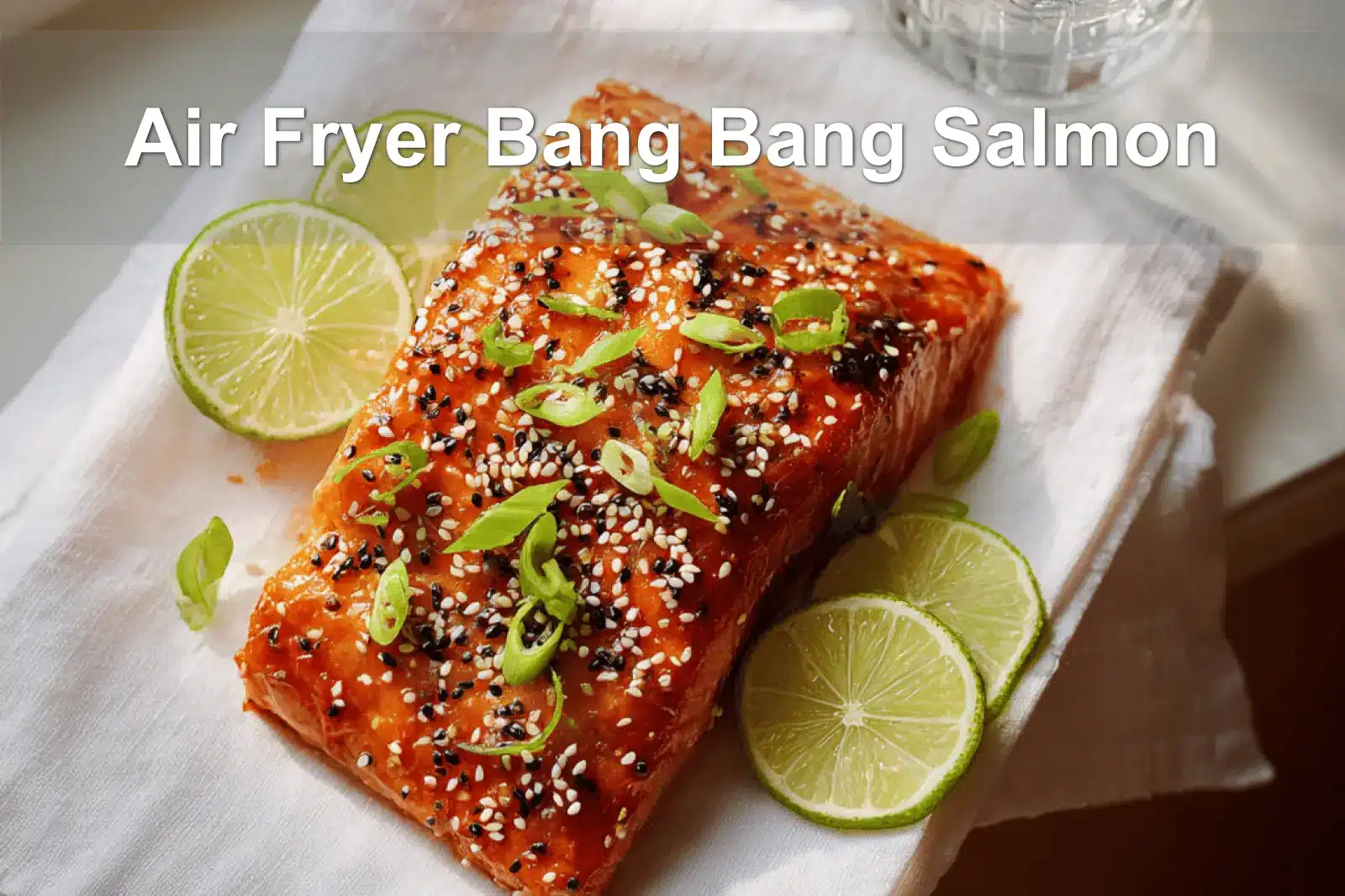 Air Fryer Bang Bang Salmon plated with sesame seeds lime wedges and green onions
