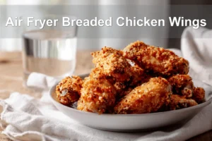 Air Fryer Breaded Chicken Wings plated with golden crust and simple glass of water