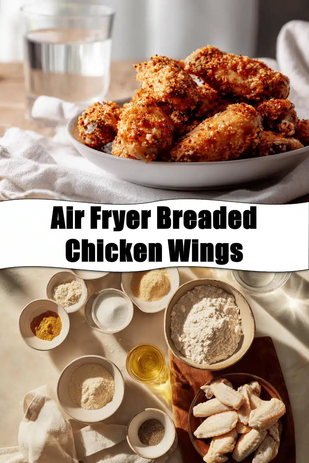 Air Fryer Breaded Chicken Wings: Easy and Delicious Tips 2 Air Fryer Breaded Chicken Wings plated with golden crust and simple glass of water_pin