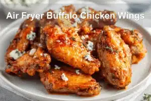 Air Fryer Buffalo Chicken Wings on white napkin with blue cheese dressing and water