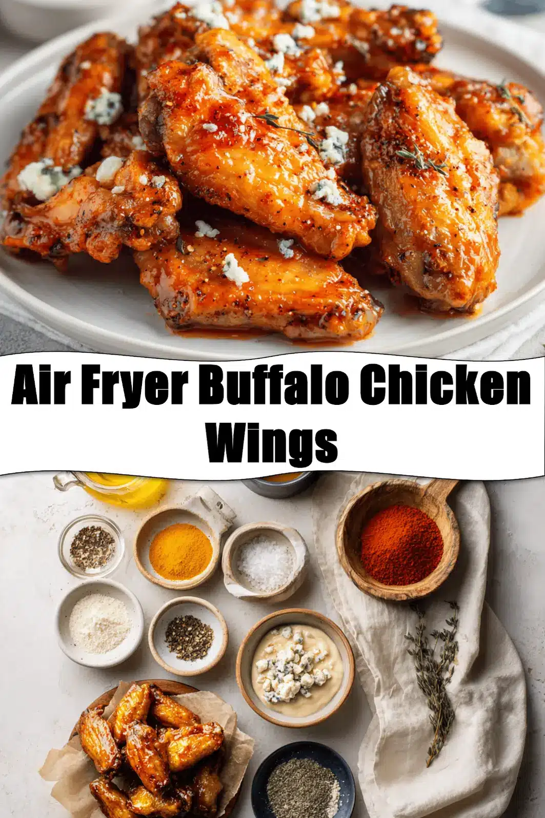 Air Fryer Buffalo Chicken Wings: Irresistible and Easy! 2 Air Fryer Buffalo Chicken Wings on white napkin with blue cheese dressing and water_pin