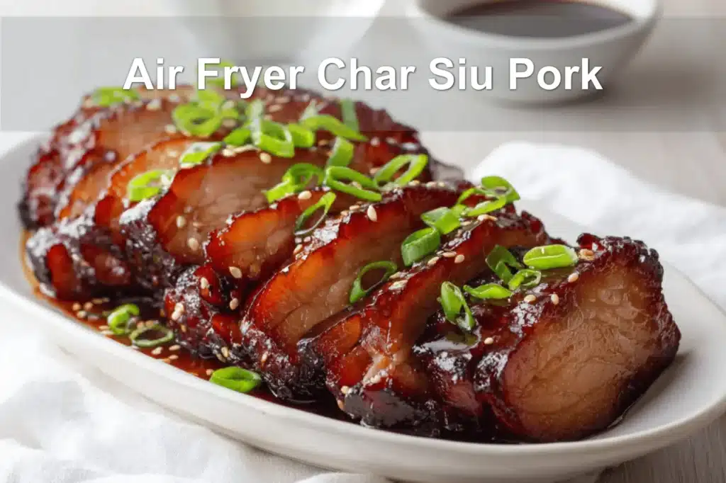 Air Fryer Char Siu Pork sliced glazed on white napkin with clear glass of water