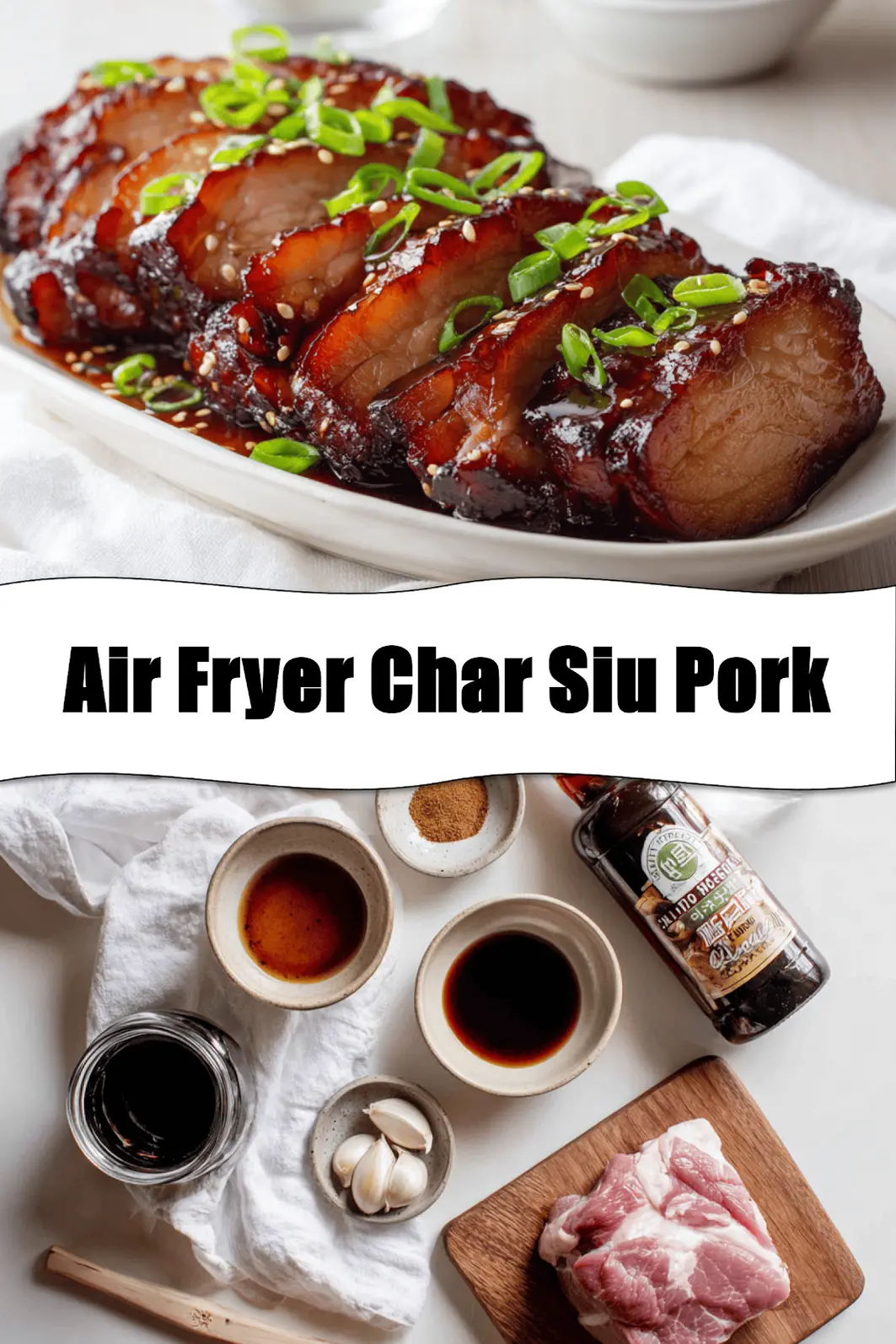Air Fryer Char Siu Pork sliced glazed on white napkin with clear glass of water_pin