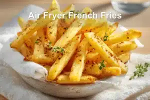 Crispy Air Fryer French Fries on white napkin with clear water glass and warm tones