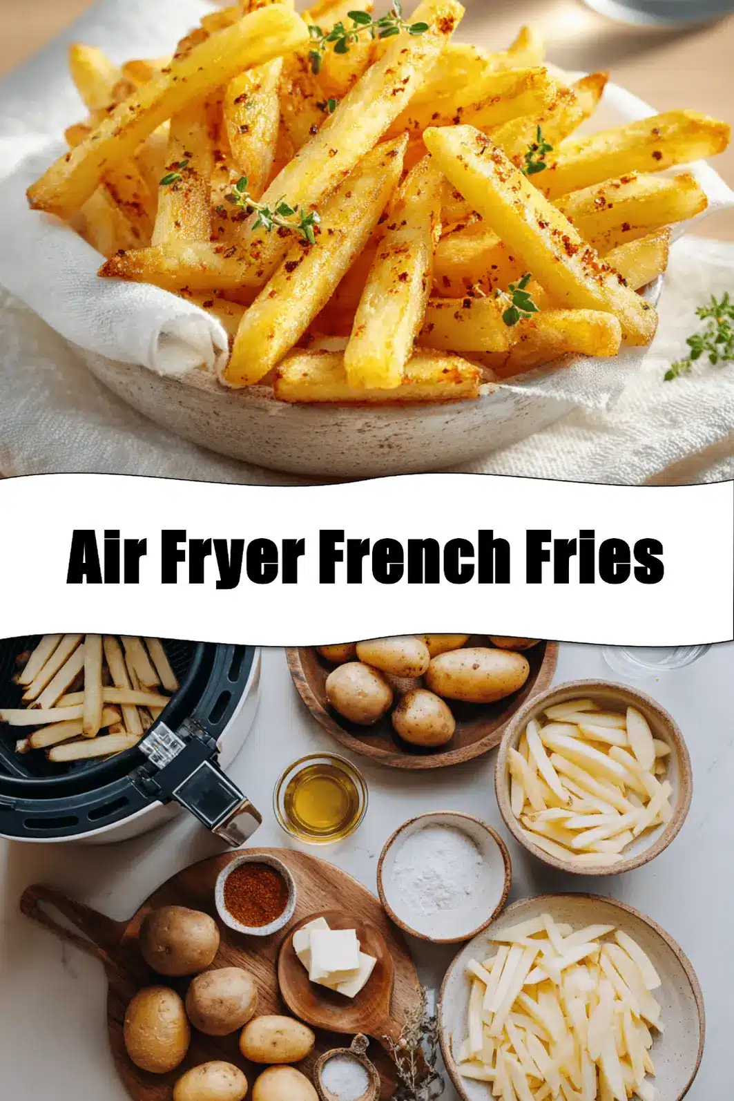 Crispy Air Fryer French Fries on white napkin with clear water glass and warm tones_pin