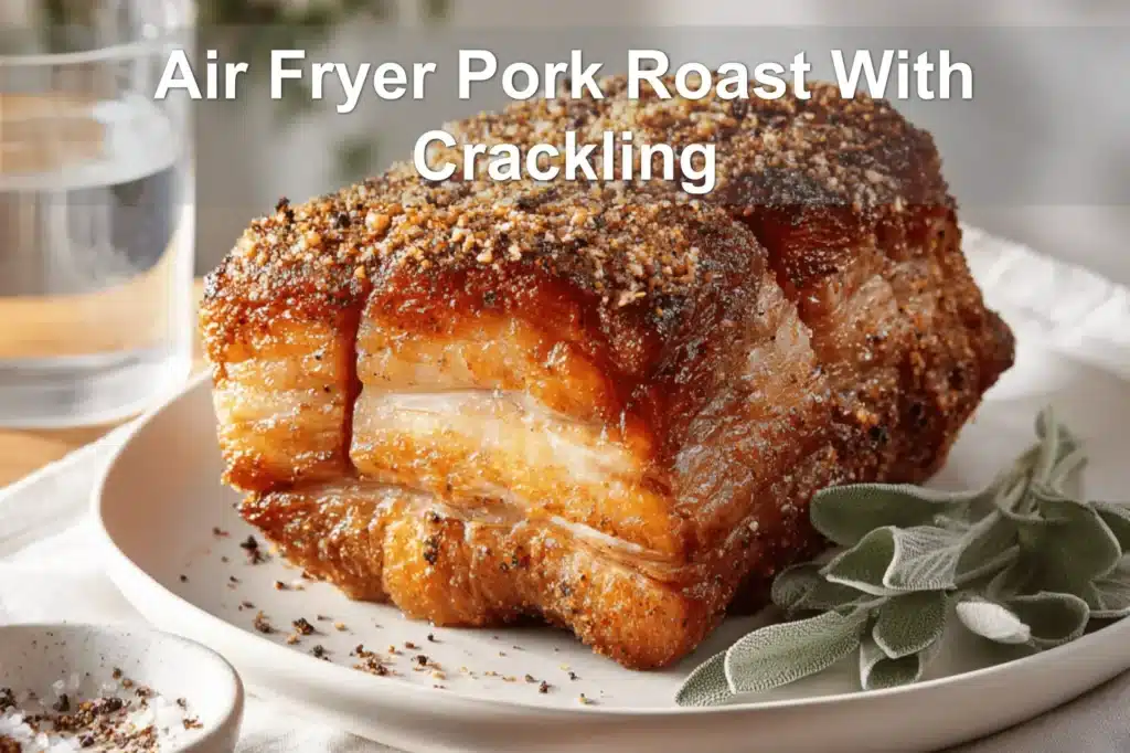Air Fryer Pork Roast With Crackling golden skin on white napkin glass of water