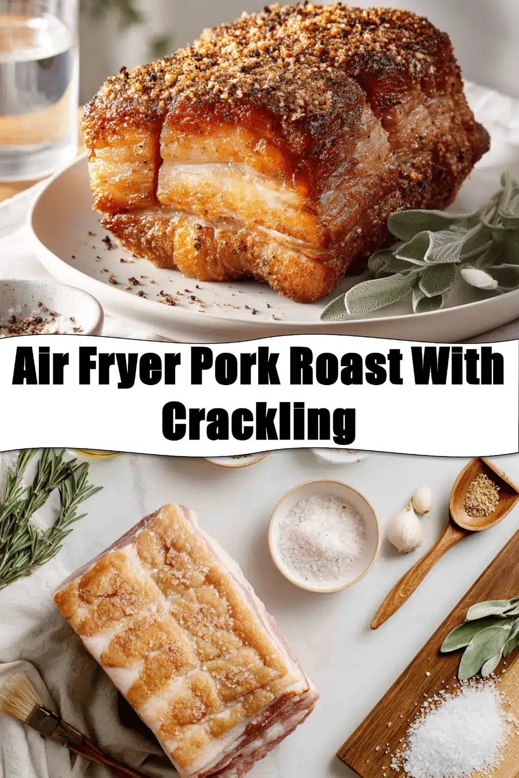 Air Fryer Pork Roast With Crackling golden skin on white napkin glass of water_pin