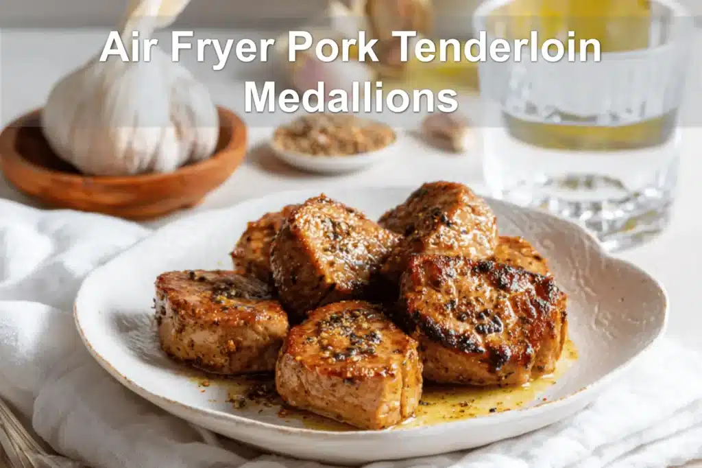Air Fryer Pork Tenderloin Medallions plated on white napkin with glass of water and seasonings