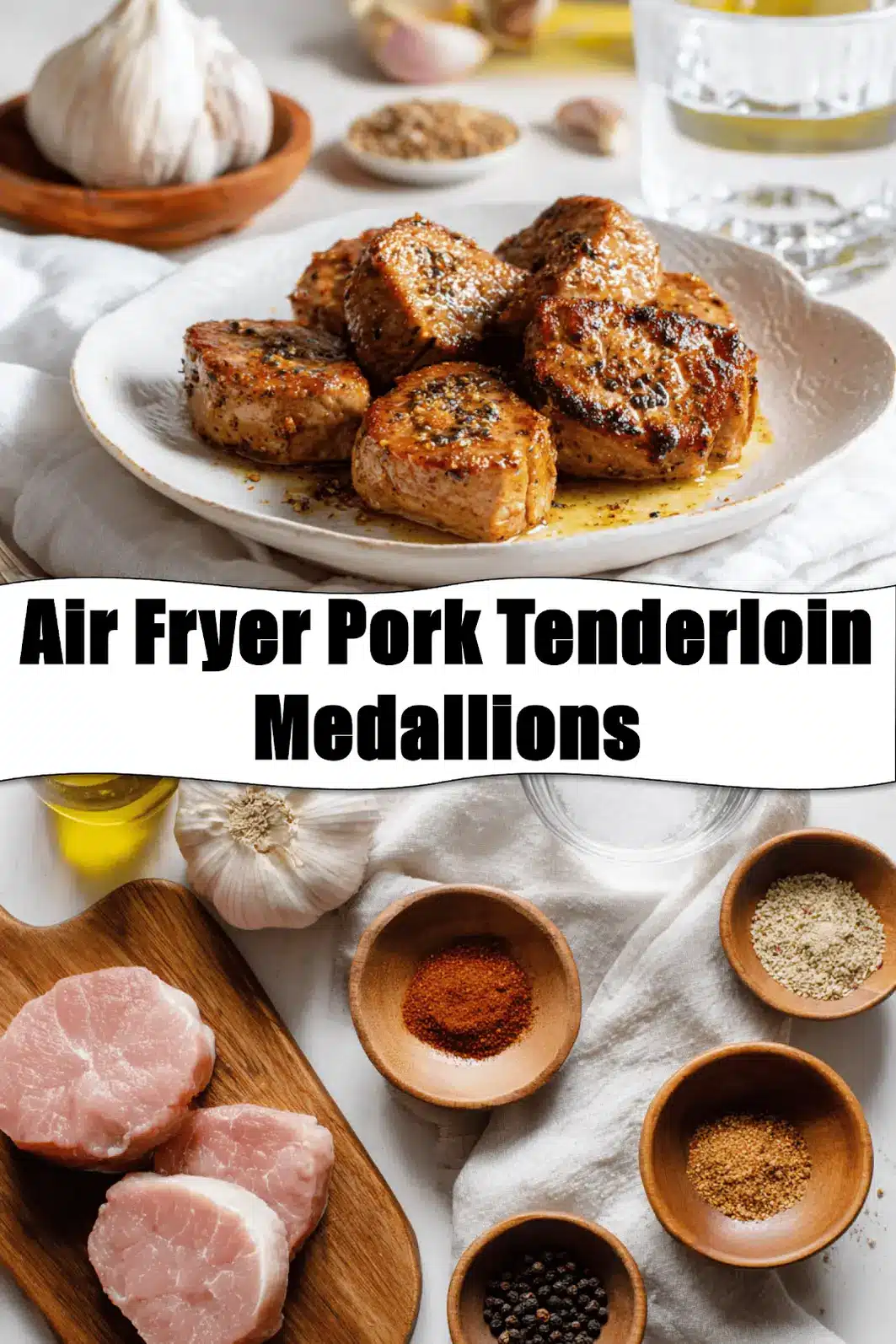 Air Fryer Pork Tenderloin Medallions plated on white napkin with glass of water and seasonings_pin