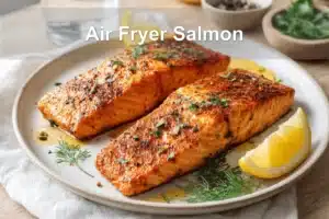 Air Fryer Salmon on ceramic plate with lemon wedges and fresh herbs